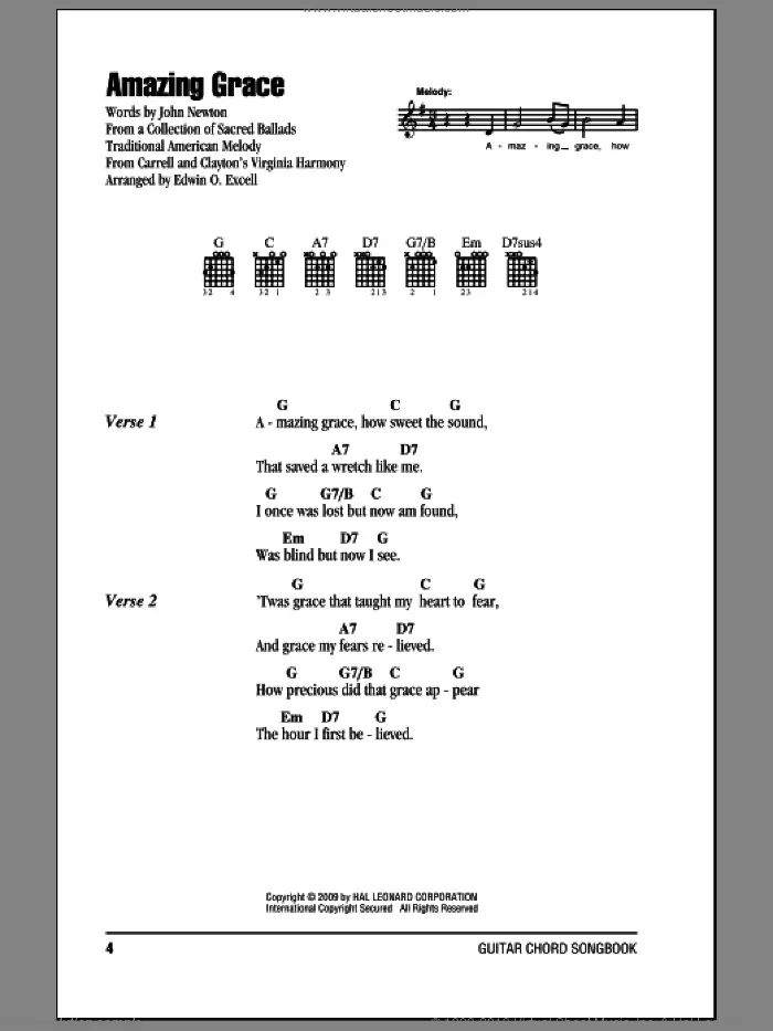 Amazing Grace sheet music for guitar (chords) by John Newton, Edwin O. Excell and Miscellaneous, wedding score, intermediate skill level