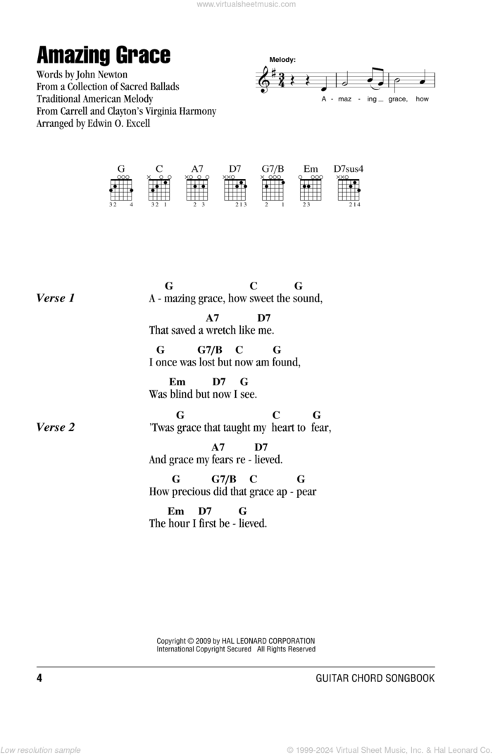 Amazing Grace sheet music for guitar (chords) by John Newton, Edwin O. Excell and Miscellaneous, wedding score, intermediate skill level