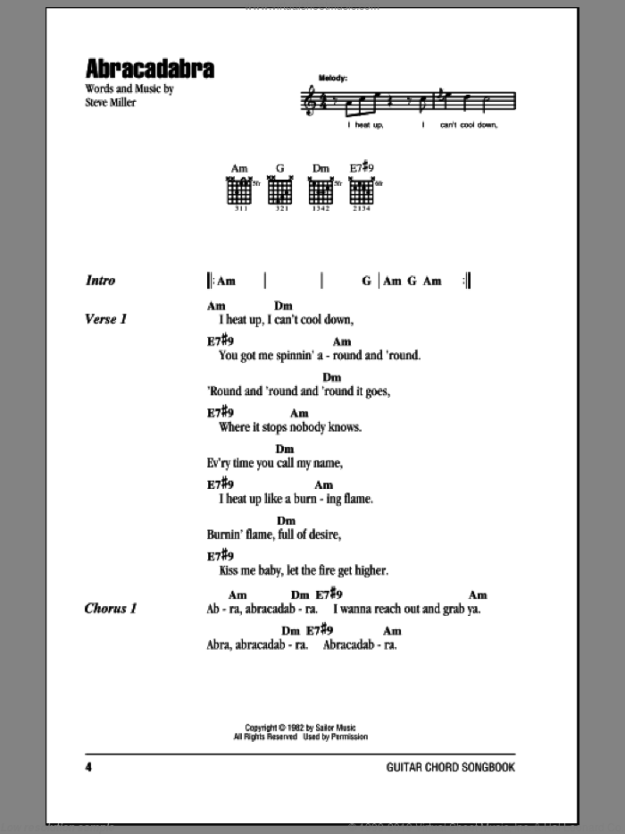 Abracadabra sheet music for guitar (chords) by Steve Miller Band and Steve Miller, intermediate skill level