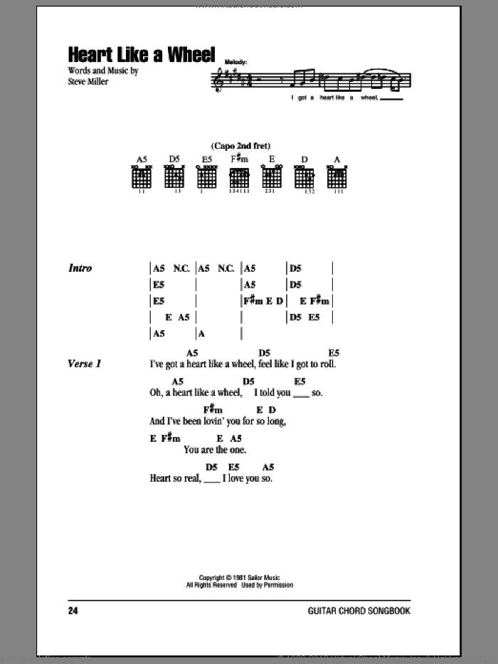 Heart Like A Wheel sheet music for guitar (chords) by Steve Miller Band and Steve Miller, intermediate skill level