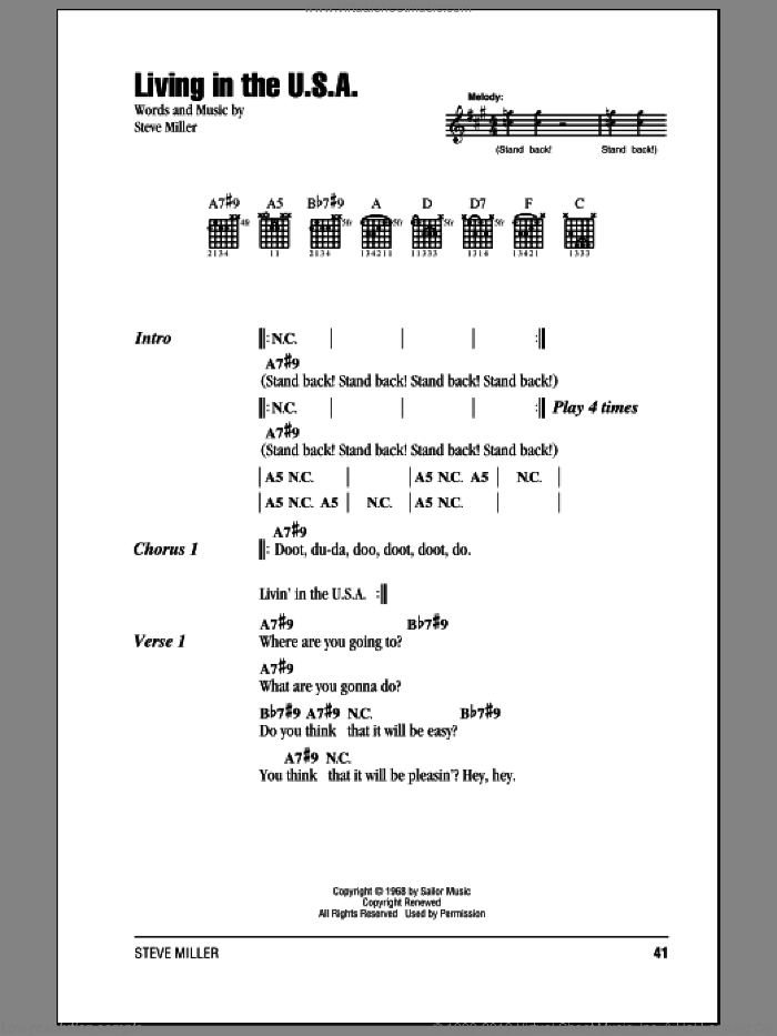 Living In The U.S.A. sheet music for guitar (chords) by Steve Miller Band and Steve Miller, intermediate skill level