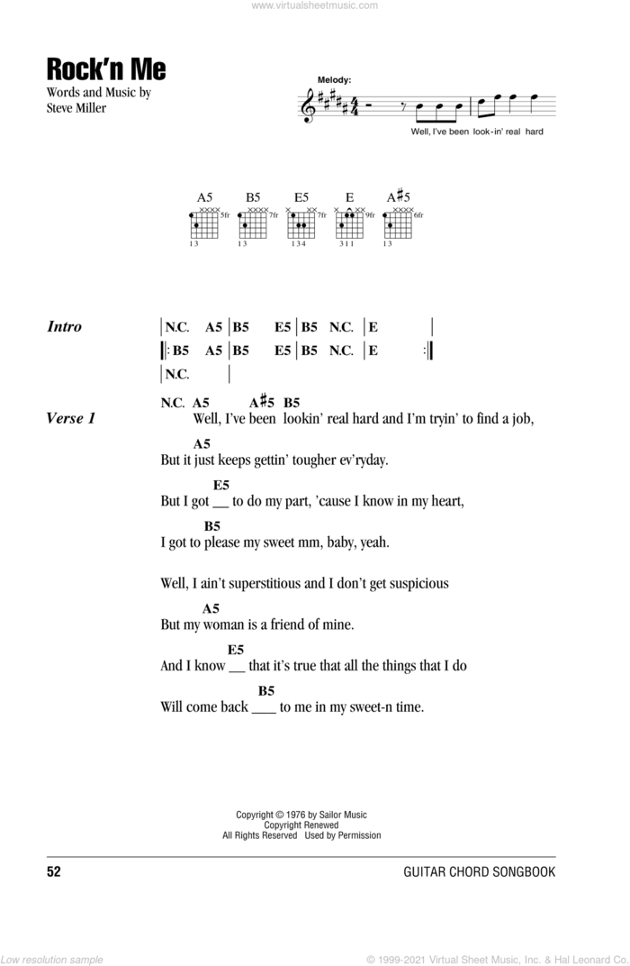 Rock'n Me sheet music for guitar (chords) by Steve Miller Band and Steve Miller, intermediate skill level