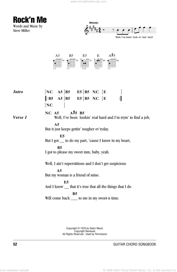 Rock'n Me sheet music for guitar (chords) by Steve Miller Band and Steve Miller, intermediate skill level