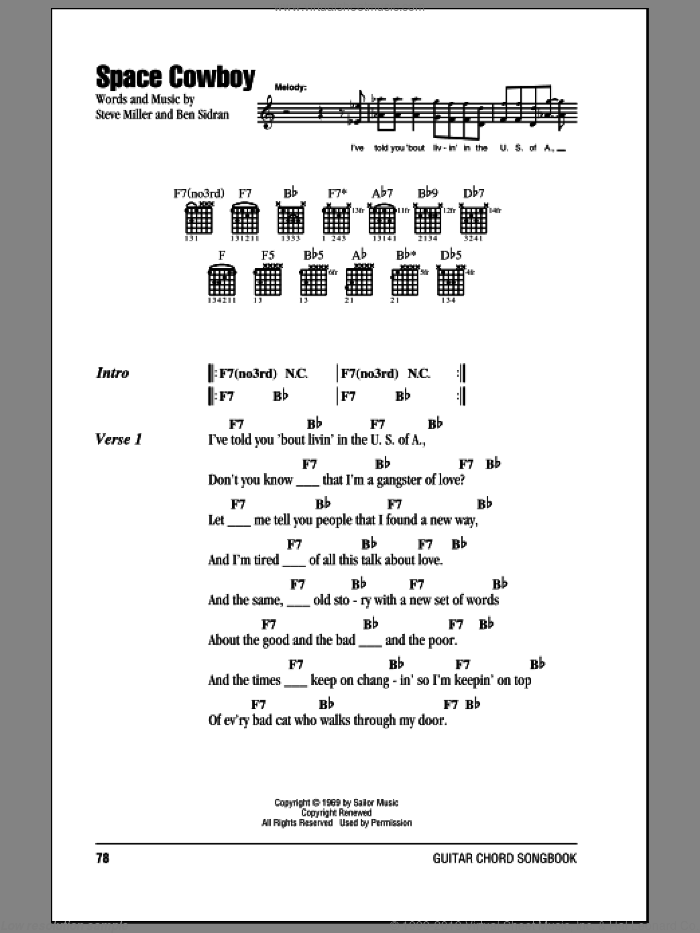 Space Cowboy sheet music for guitar (chords) by Steve Miller Band, Ben Sidran and Steve Miller, intermediate skill level
