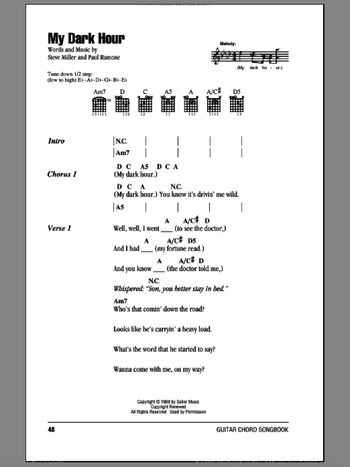 My Dark Hour sheet music for guitar (chords) by Steve Miller Band, Paul Ramone and Steve Miller, intermediate skill level