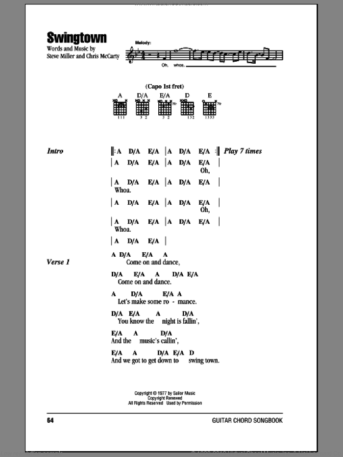 Swingtown sheet music for guitar (chords) by Steve Miller Band, Chris McCarty and Steve Miller, intermediate skill level