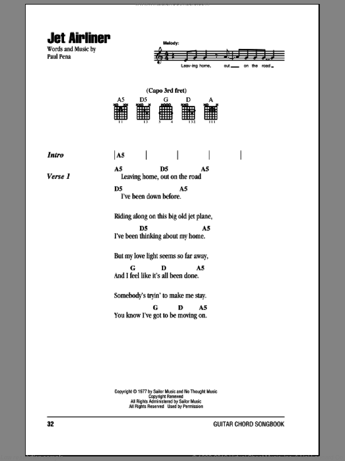 Jet Airliner sheet music for guitar (chords) by Steve Miller Band and Paul Pena, intermediate skill level