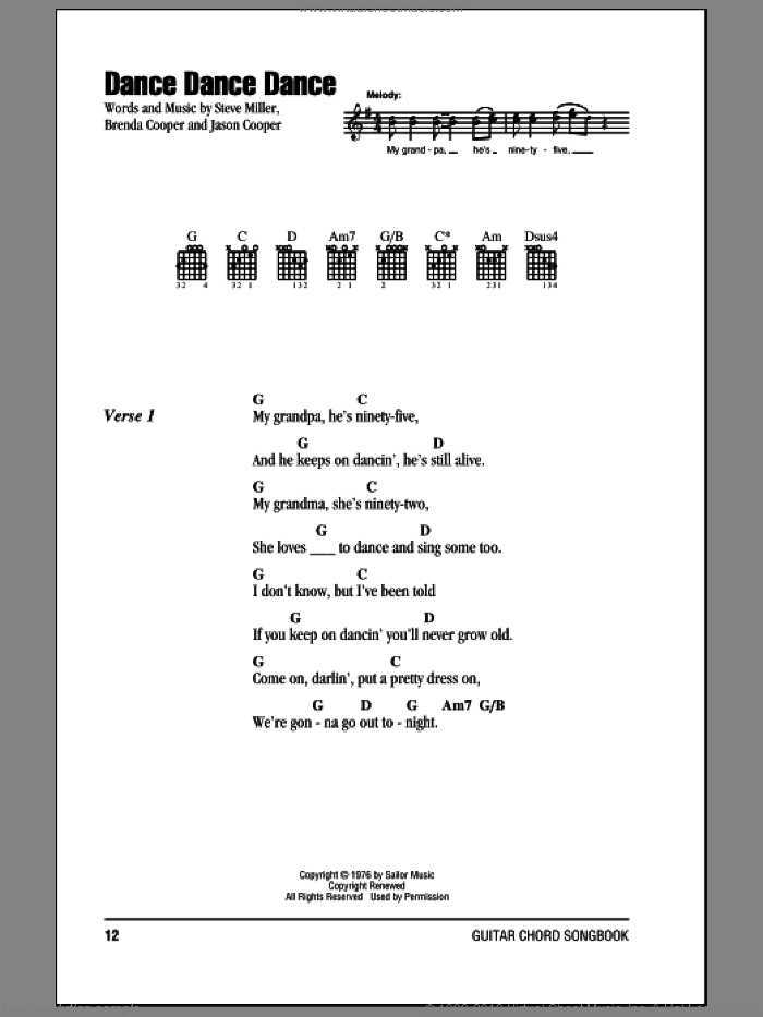 Dance Dance Dance sheet music for guitar (chords) by Steve Miller Band, Brenda Cooper, Jason Cooper and Steve Miller, intermediate skill level
