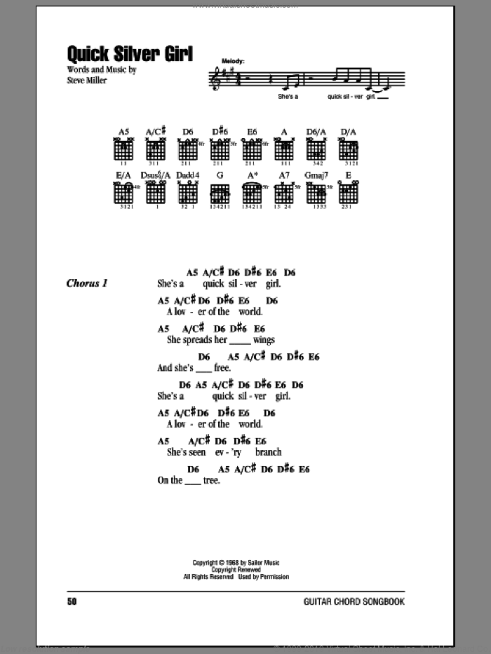 Quick Silver Girl sheet music for guitar (chords) by Steve Miller Band and Steve Miller, intermediate skill level
