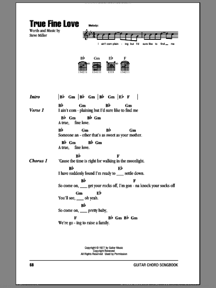 True Fine Love sheet music for guitar (chords) by Steve Miller Band and Steve Miller, intermediate skill level