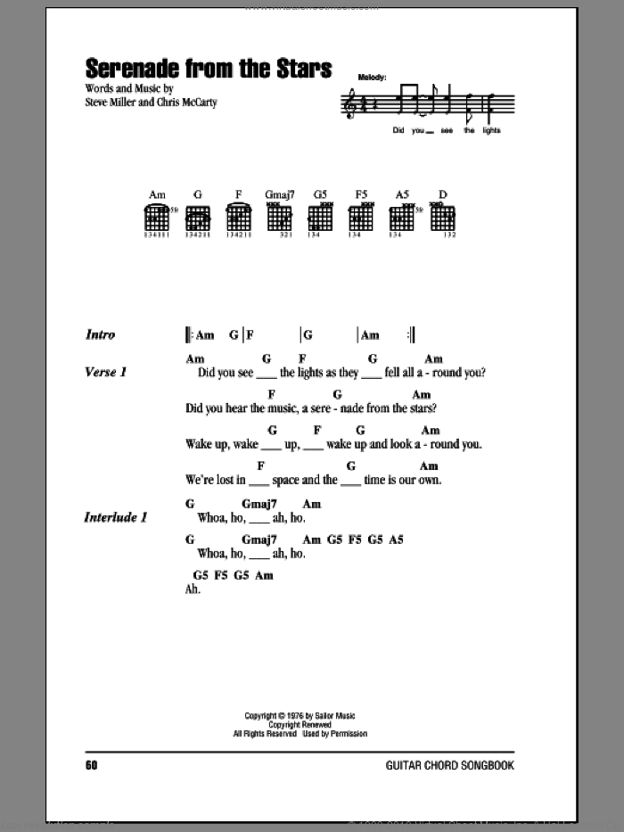Serenade From The Stars sheet music for guitar (chords) by Steve Miller Band, Chris McCarty and Steve Miller, intermediate skill level