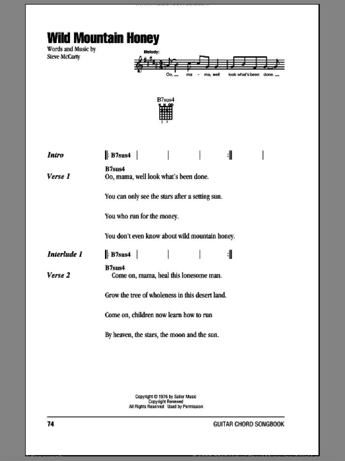 Wild Mountain Honey sheet music for guitar (chords) by Steve Miller Band and Steve McCarty, intermediate skill level