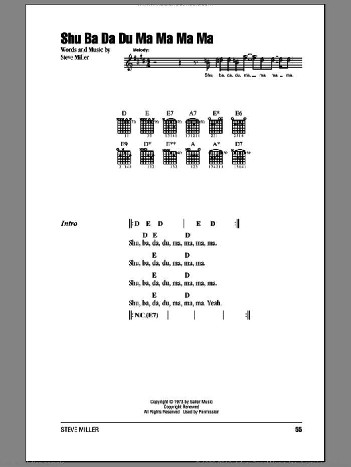 Shu Ba Da Du Ma Ma Ma Ma sheet music for guitar (chords) by Steve Miller Band and Steve Miller, intermediate skill level