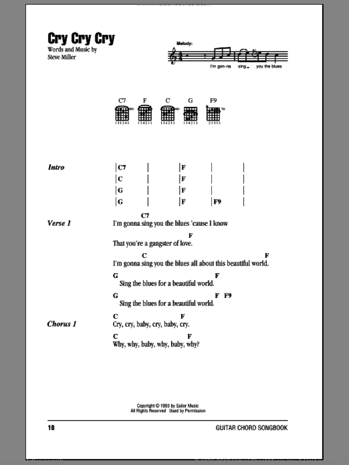 Cry Cry Cry sheet music for guitar (chords) by Steve Miller Band and Steve Miller, intermediate skill level