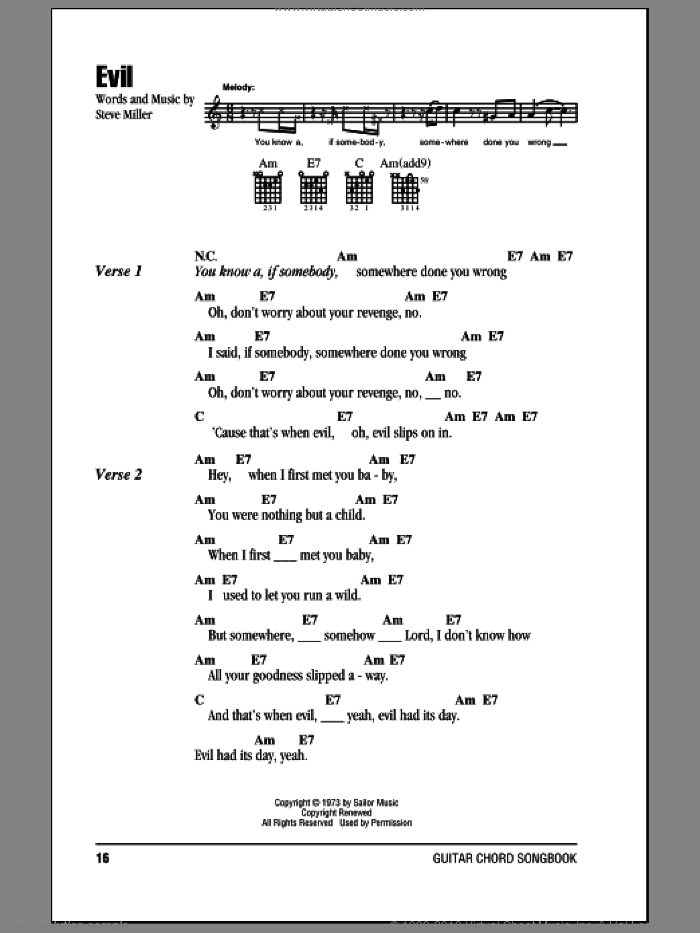 Evil sheet music for guitar (chords) by Steve Miller Band and Steve Miller, intermediate skill level