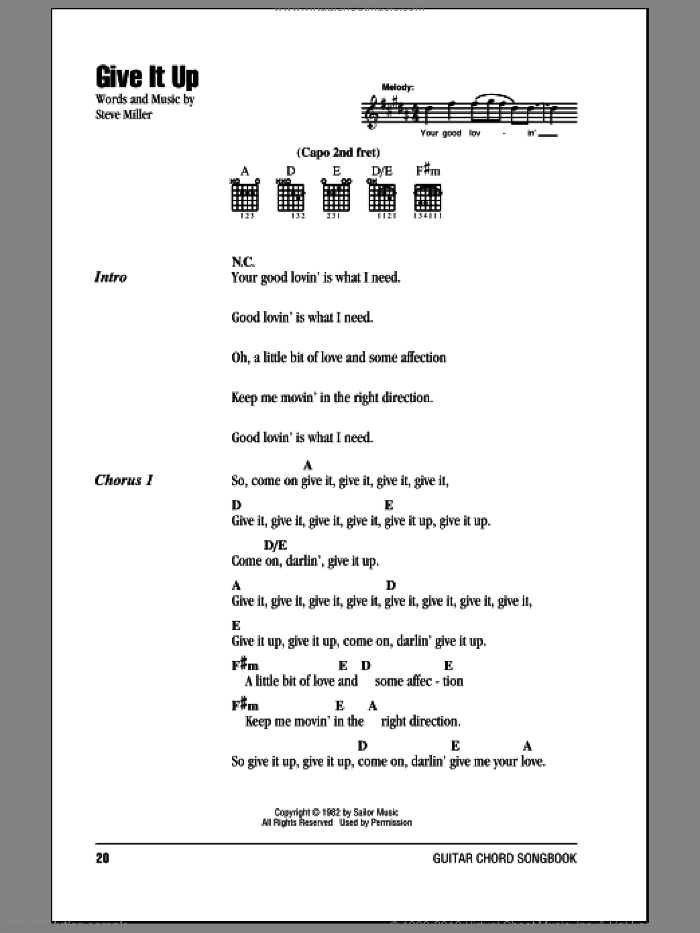 Give It Up sheet music for guitar (chords) by Steve Miller Band and Steve Miller, intermediate skill level