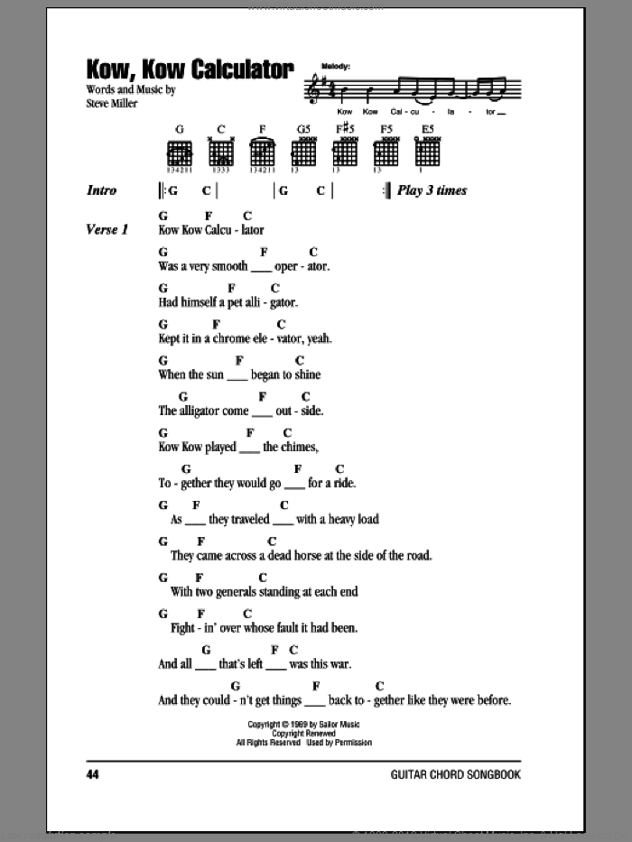 Kow, Kow Calculator sheet music for guitar (chords) by Steve Miller Band and Steve Miller, intermediate skill level