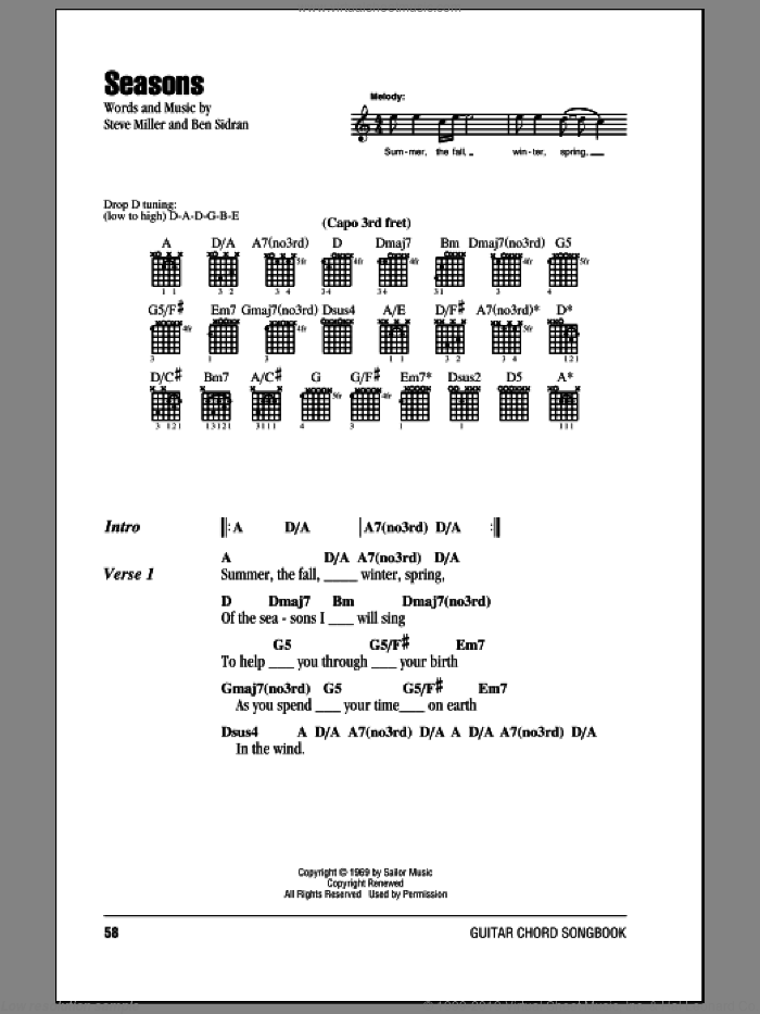 Seasons sheet music for guitar (chords) by Steve Miller Band, Ben Sidran and Steve Miller, intermediate skill level