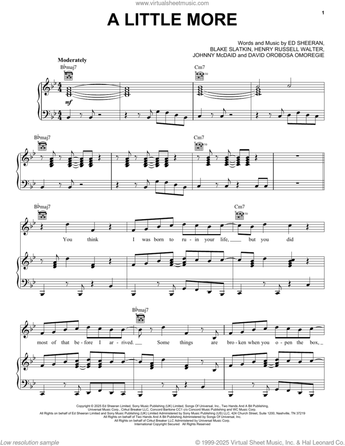 A Little More sheet music for voice, piano or guitar by Ed Sheeran, Blake Slatkin, David Orobosa Omoregie, Henry Russell Walter and Johnny McDaid, intermediate skill level