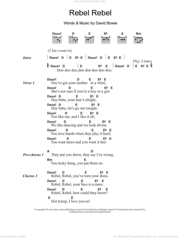 Rebel Rebel sheet music for guitar (chords) by David Bowie, intermediate skill level