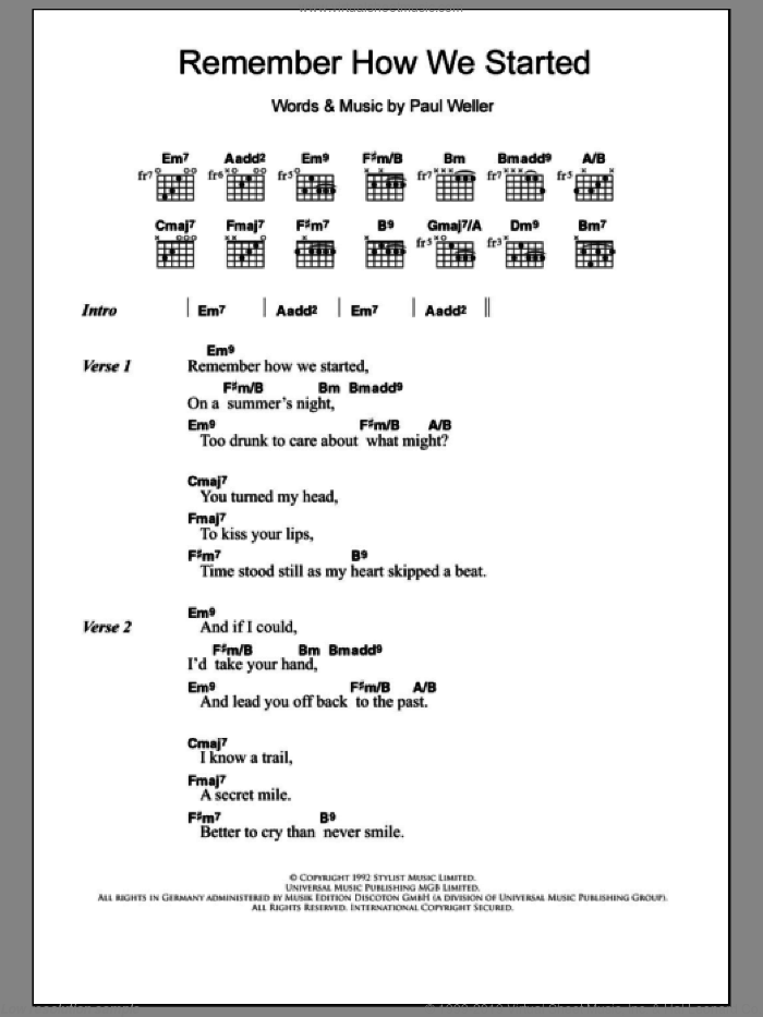 Remember How We Started sheet music for guitar (chords) by Paul Weller, intermediate skill level