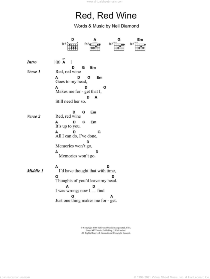 Red, Red Wine sheet music for guitar (chords) by Tony Tribe, UB40 and Neil Diamond, intermediate skill level