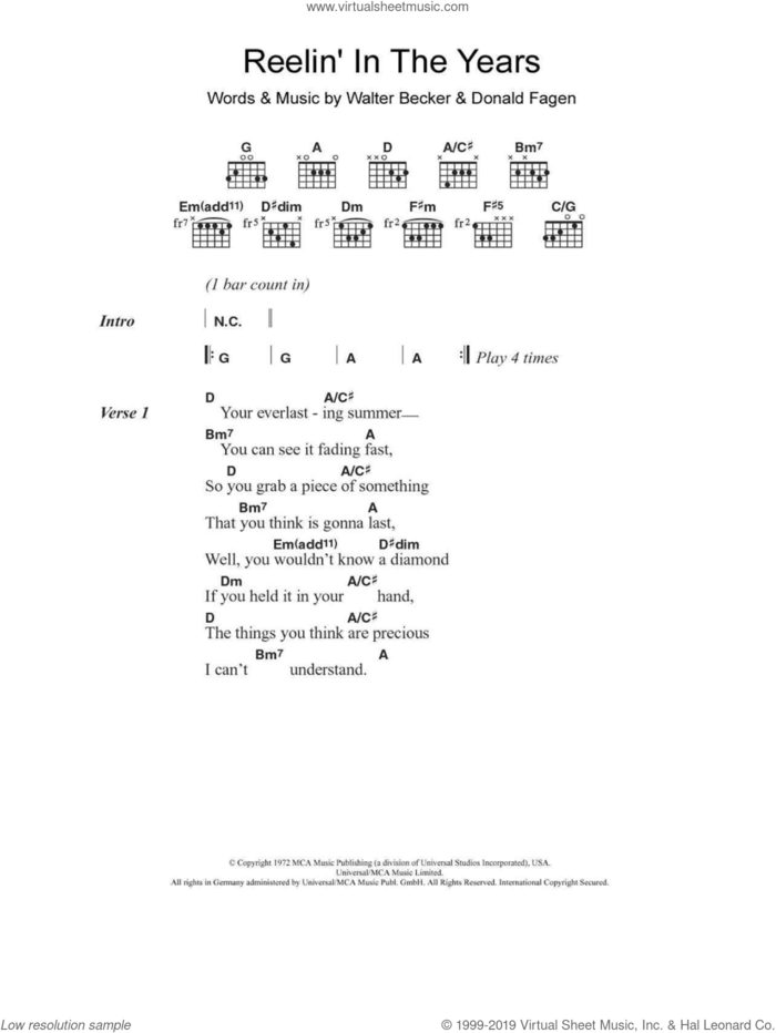 Reelin' In The Years sheet music for guitar (chords) by Steely Dan, Donald Fagen and Walter Becker, intermediate skill level