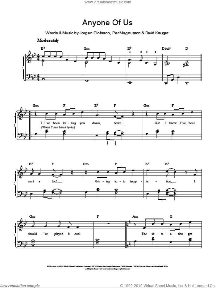 Anyone Of Us (Stupid Mistake) sheet music for piano solo by Gareth Gates, David Kreuger, Jorgen Elofsson and Per Magnusson, easy skill level