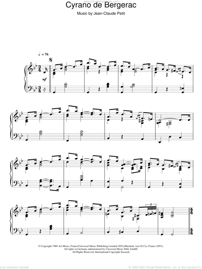 Cyrano De Bergerac sheet music for piano solo by Jean-claude Petit, intermediate skill level