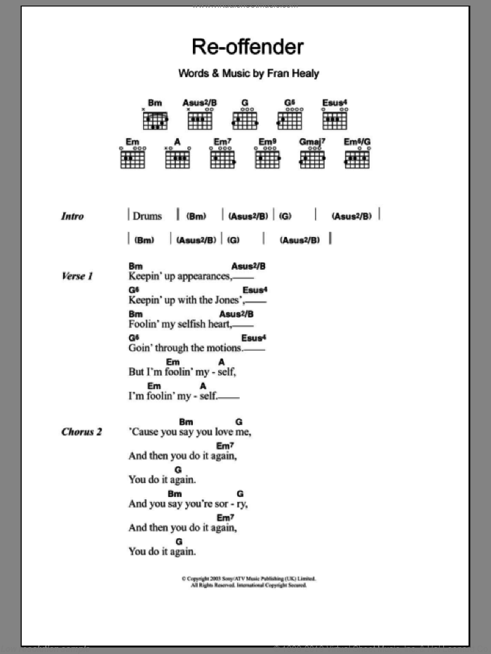 Re-offender sheet music for guitar (chords) by Merle Travis and Fran Healy, intermediate skill level
