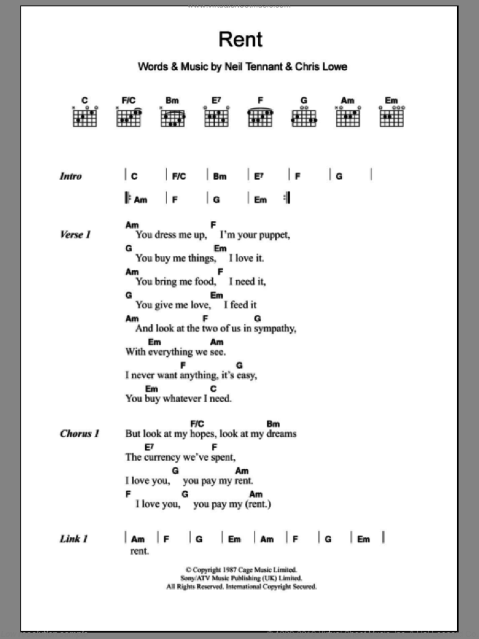 Rent sheet music for guitar (chords) by The Pet Shop Boys, Chris Lowe and Neil Tennant, intermediate skill level