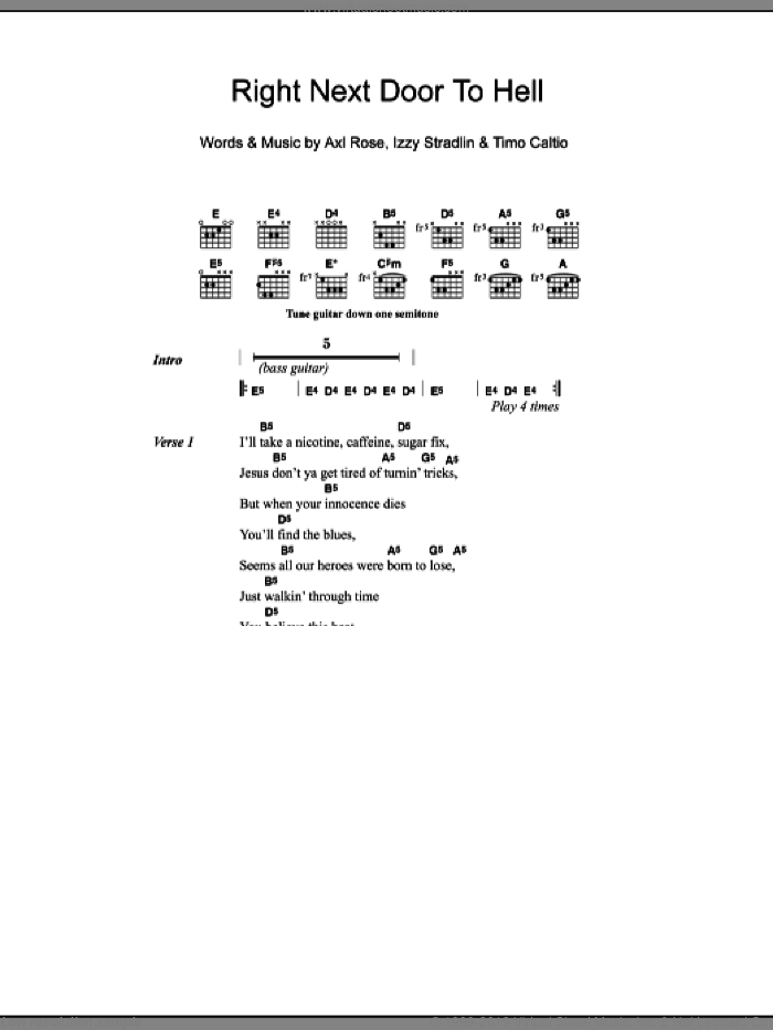 Right Next Door To Hell sheet music for guitar (chords) by Guns N' Roses, Axl Rose, Izzy Stradlin and Timo Caltio, intermediate skill level