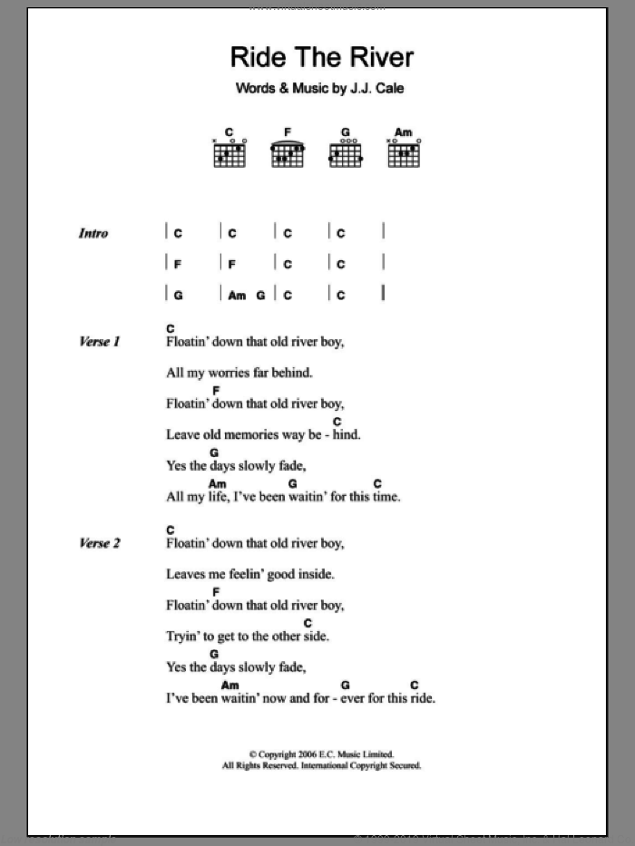 Ride The River sheet music for guitar (chords) by Eric Clapton and John Cale, intermediate skill level