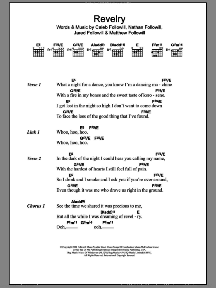 Revelry sheet music for guitar (chords) by Kings Of Leon, Caleb Followill, Jared Followill, Matthew Followill and Nathan Followill, intermediate skill level