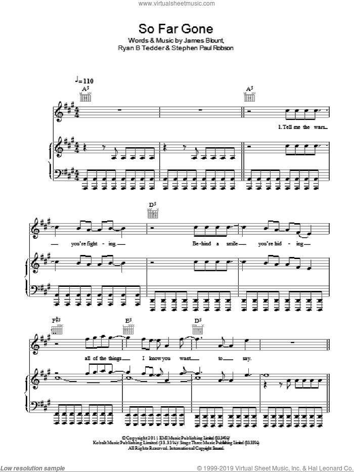 So Far Gone sheet music for voice, piano or guitar by James Blunt, James Blount, Ryan B Tedder and Steve Robson, intermediate skill level