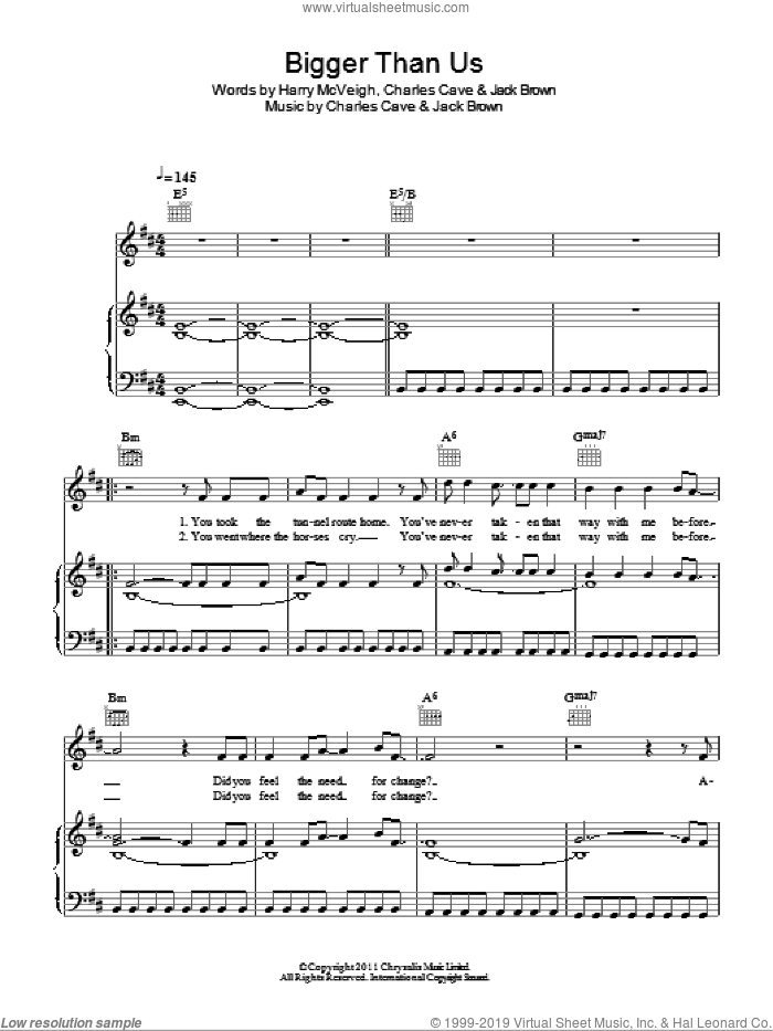 Bigger Than Us sheet music for voice, piano or guitar by White Lies, Charles Cave, Harry McVeigh and Jack Brown, intermediate skill level
