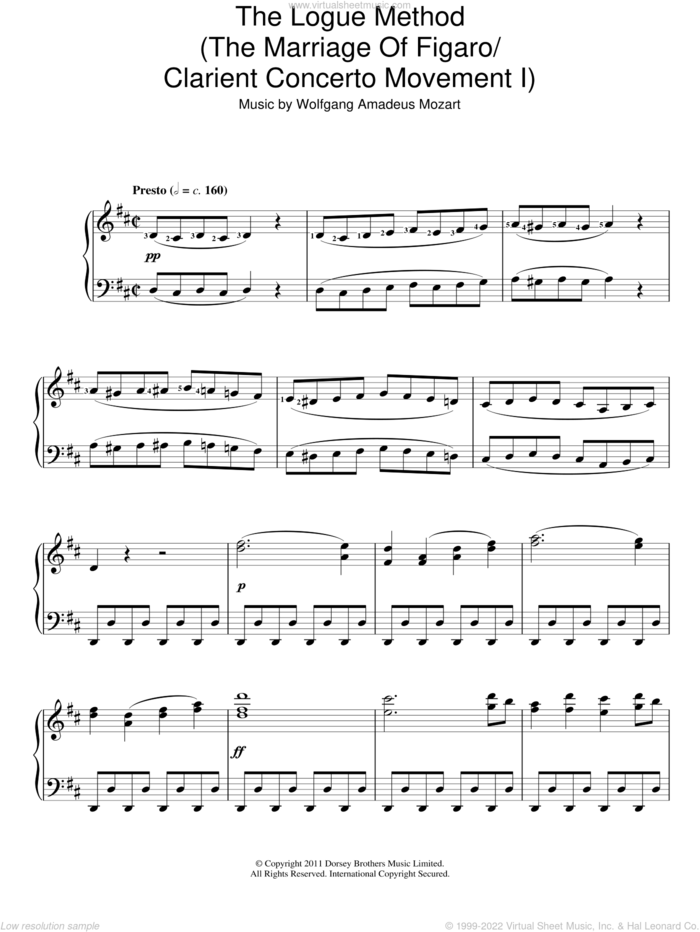 The Logue Method (The Marriage Of Figaro / Clarient Concerto Movement I) sheet music for piano solo by Wolfgang Amadeus Mozart, classical score, intermediate skill level
