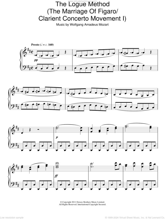 The Logue Method (The Marriage Of Figaro / Clarient Concerto Movement I) sheet music for piano solo by Wolfgang Amadeus Mozart, classical score, intermediate skill level