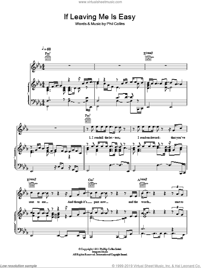 If Leaving Me Is Easy sheet music for voice, piano or guitar by Phil Collins, intermediate skill level