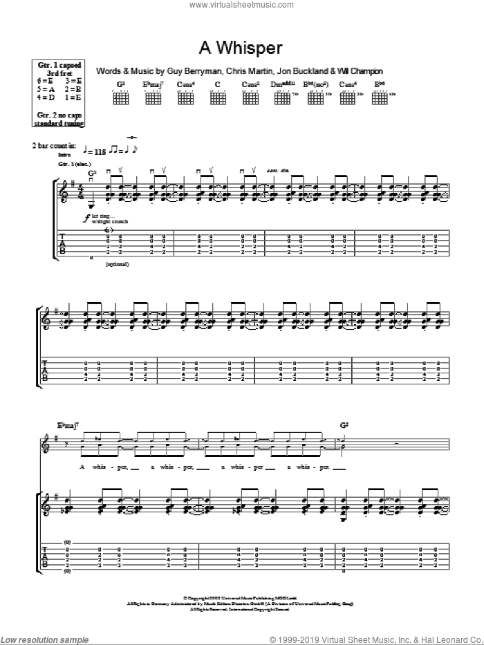 A Whisper sheet music for guitar (tablature) by Coldplay, Chris Martin, Guy Berryman, Jon Buckland and Will Champion, intermediate skill level