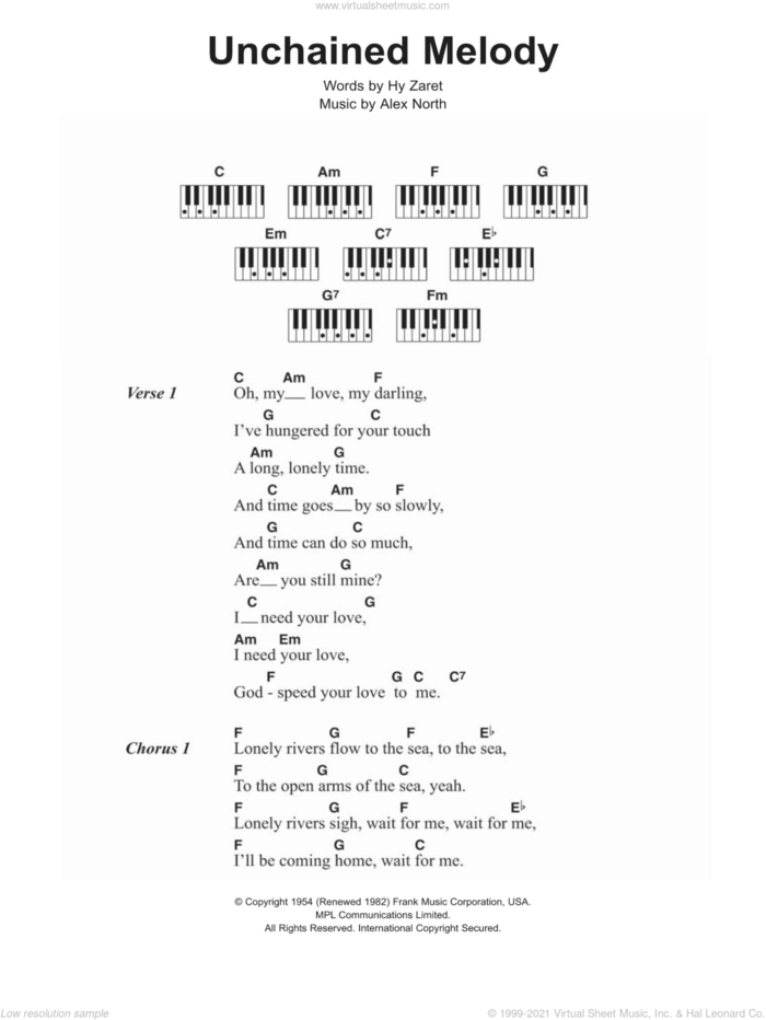 Unchained Melody sheet music for piano solo (chords, lyrics, melody) by The Righteous Brothers and Alex North, wedding score, intermediate piano (chords, lyrics, melody)