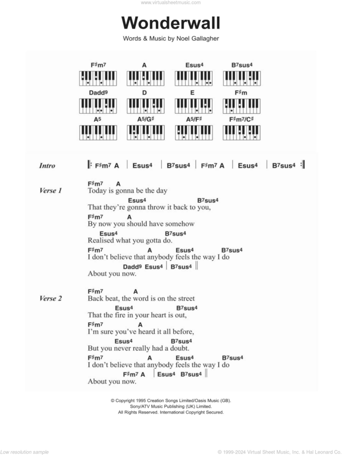 Wonderwall sheet music for piano solo (chords, lyrics, melody) by Oasis and Noel Gallagher, intermediate piano (chords, lyrics, melody)