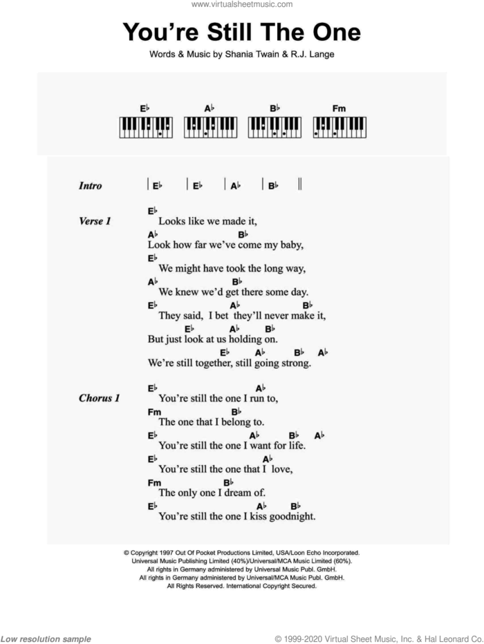 You're Still The One sheet music for piano solo (chords, lyrics, melody) by Shania Twain and Robert John Lange, intermediate piano (chords, lyrics, melody)