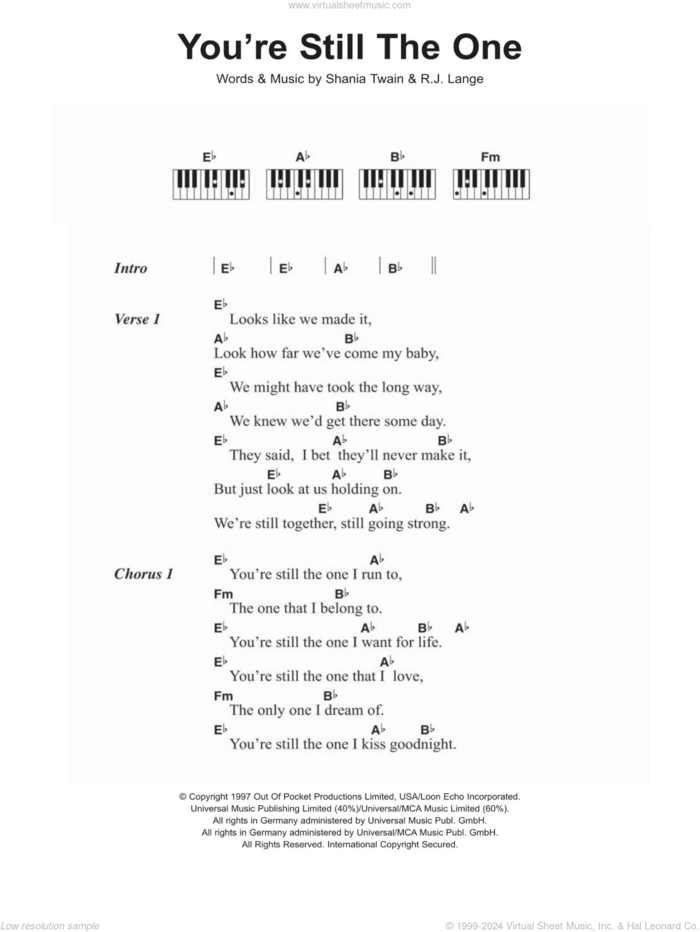 You're Still The One sheet music for piano solo (chords, lyrics, melody) by Shania Twain and Robert John Lange, intermediate piano (chords, lyrics, melody)