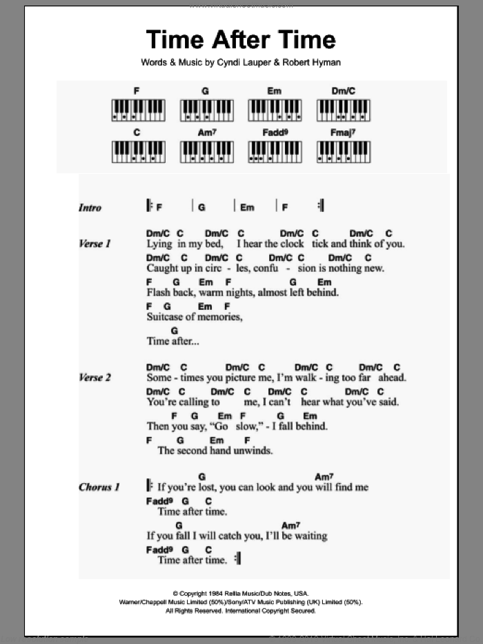 Time After Time sheet music for piano solo (chords, lyrics, melody) by Cyndi Lauper and Rob Hyman, intermediate piano (chords, lyrics, melody)