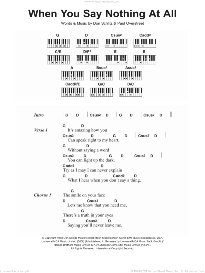 When You Say Nothing At All sheet music for piano solo (chords, lyrics, melody) by Ronan Keating, Alison Krauss, Don Schlitz and Paul Overstreet, intermediate piano (chords, lyrics, melody)