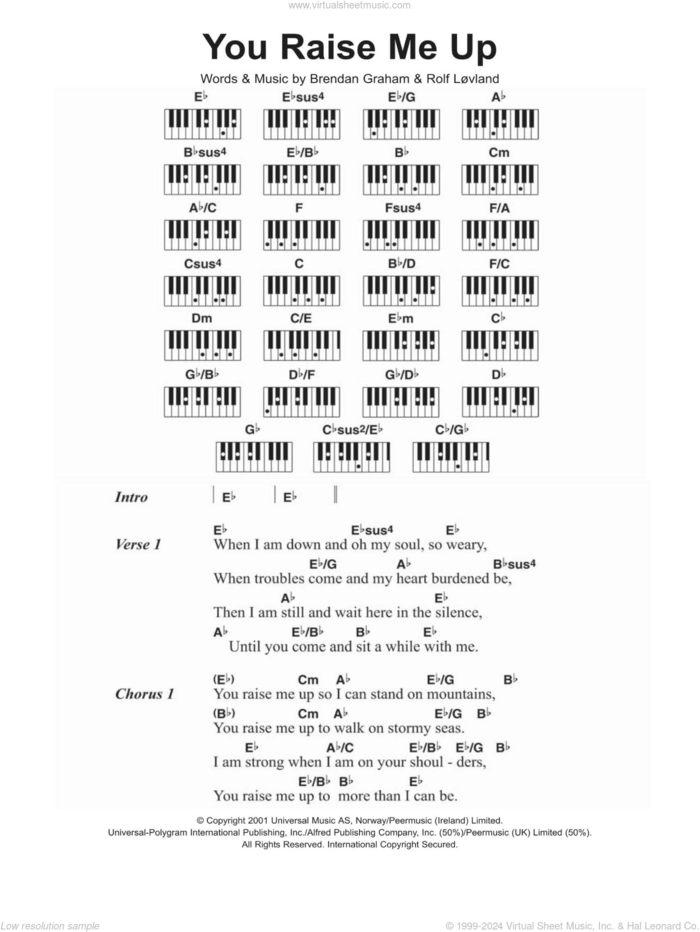 You Raise Me Up sheet music for piano solo (chords, lyrics, melody) by Westlife, Brendan Graham and Rolf Lovland, wedding score, intermediate piano (chords, lyrics, melody)