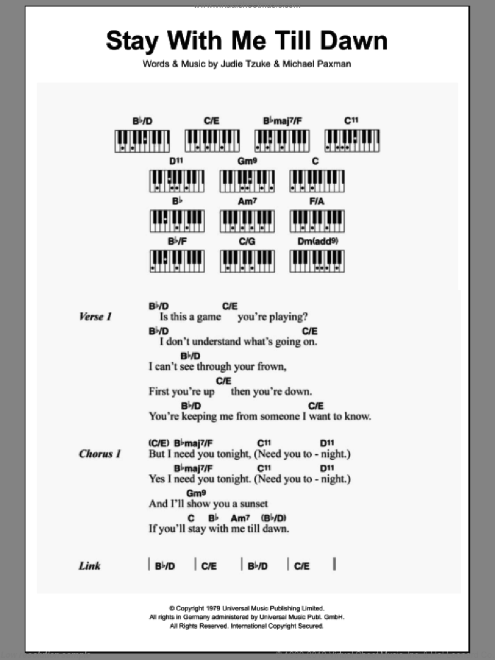 Stay With Me Till Dawn sheet music for piano solo (chords, lyrics, melody) by Judie Tzuke and Michael Paxman, intermediate piano (chords, lyrics, melody)