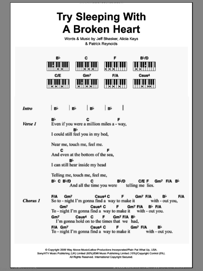 Try Sleeping With A Broken Heart sheet music for piano solo (chords, lyrics, melody) by Alicia Keys, Jeff Bhasker and Patrick Reynolds, intermediate piano (chords, lyrics, melody)
