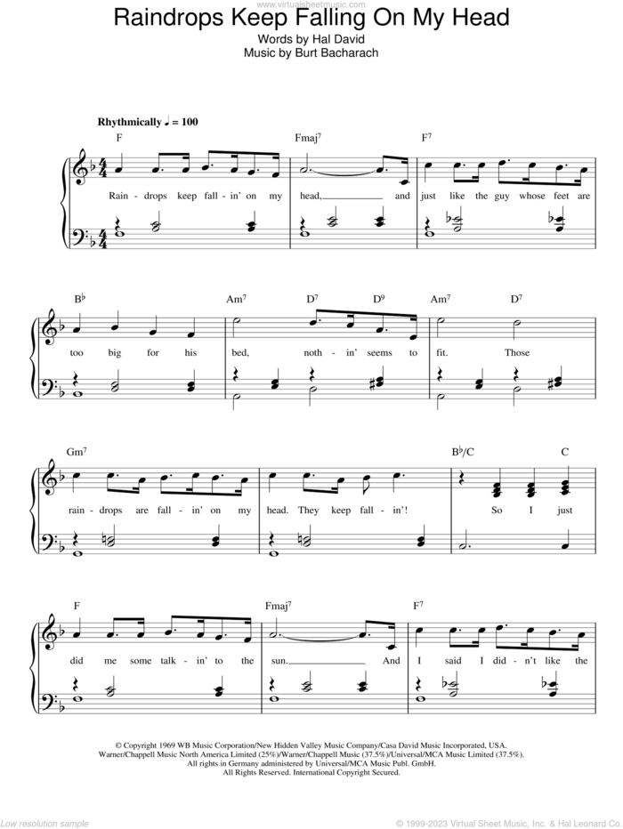Raindrops Keep Falling On My Head, (easy) sheet music for piano solo by Bacharach & David, Burt Bacharach and Hal David, easy skill level
